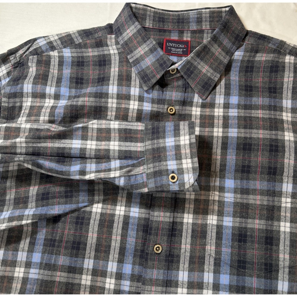 Mens‎ UNTUCKit  Size 3XL Long Sleeve Flannel Gray Blue Plaid Button Down